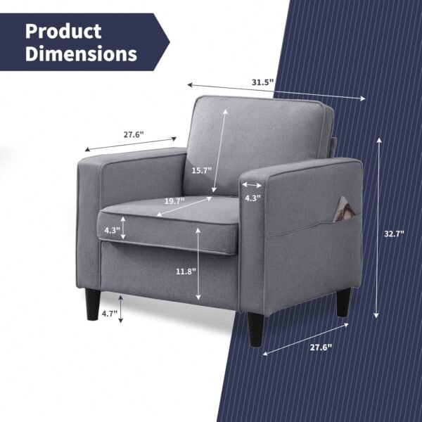 Modern Armchair Single Sofa,Upholstered Sofa Chairs,Linen Comfy Arm Chair with 4 Storage Pockets,Living Room Chair Bedroom Chair for Small Space,Light Grey - Image 2