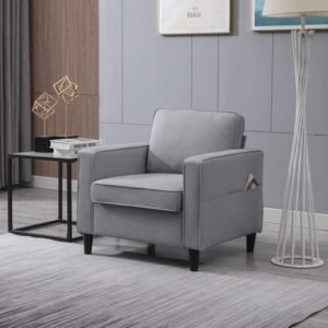 Modern Armchair Single Sofa,Upholstered Sofa Chairs,Linen Comfy Arm Chair with 4 Storage Pockets,Living Room Chair Bedroom Chair for Small Space,Light Grey