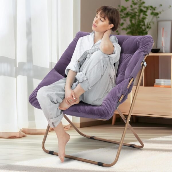 Athena Collection Saucer Chair for Adult, Square Comfy Cozy Chair Folding Chair Faux Fur Metal Frame Foldable Reading Chair Accent Chair for Bed Room Living Room, Purple - Image 4