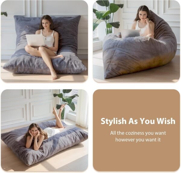 BYBYME 3 in 1 Bean Bag Chair, Convertible Chair Folds from Bean Bag to Lounger, High-Density Foam Filling, Faux Fur Big Sofa Bed, Giant Bean Bag Chair Bed for Adults - Image 4