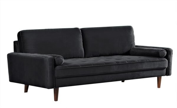Velvet Tufted Sofas for Living Room, Classic Mid-Century Style with Modern Silhouette, Button Tufting and Wood Legs, Includes 2 Bolster Pillows, Couch, Black - Image 4