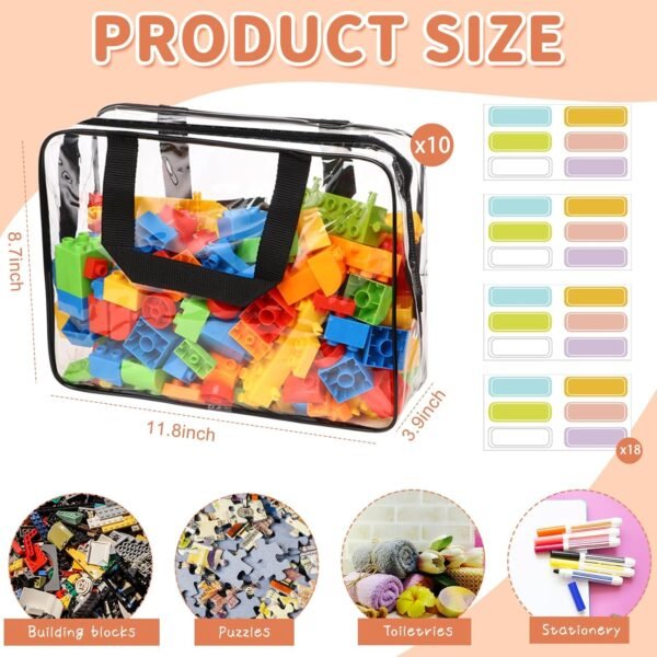 10 Packs Large Toy Storage Bags with Labels, Waterproof Clear PVC Storage Bags for Toys, Travel Organizer Bags with Zipper Closure for Puzzles, Building Blocks, Kids' Books - Image 2