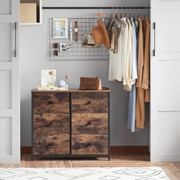 SONGMICS Dresser for Bedroom, Chest of Drawers, 6 Drawer Dresser, Closet Fabric Dresser with Metal Frame, Wooden Top and Front, Brown and Black ULGS23H - Image 6