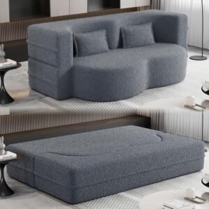 Oval Convertible Floor Sofa Bed, Teddy Cloud Sleeper Sofa Boucle Loveseat Couch Bed with 2 Pillows, 78″ Full Size Folding Mattress, for Living Room, Guest Bed, Playroom, No Assembly Required, Gray