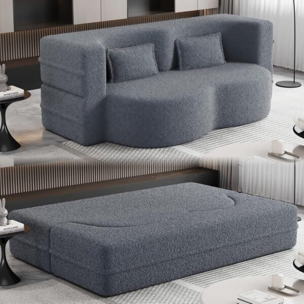 Oval Convertible Floor Sofa Bed, Teddy Cloud Sleeper Sofa Boucle Loveseat Couch Bed with 2 Pillows, 78" Full Size Folding Mattress, for Living Room, Guest Bed, Playroom, No Assembly Required, Gray