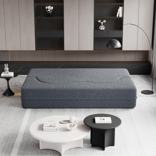 Oval Convertible Floor Sofa Bed, Teddy Cloud Sleeper Sofa Boucle Loveseat Couch Bed with 2 Pillows, 78" Full Size Folding Mattress, for Living Room, Guest Bed, Playroom, No Assembly Required, Gray - Image 7
