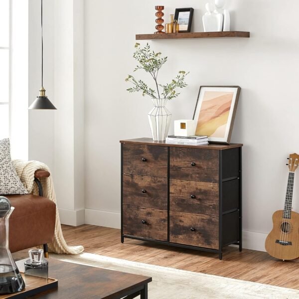 SONGMICS Dresser for Bedroom, Chest of Drawers, 6 Drawer Dresser, Closet Fabric Dresser with Metal Frame, Wooden Top and Front, Brown and Black ULGS23H - Image 5