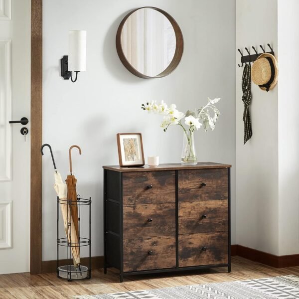 SONGMICS Dresser for Bedroom, Chest of Drawers, 6 Drawer Dresser, Closet Fabric Dresser with Metal Frame, Wooden Top and Front, Brown and Black ULGS23H - Image 2