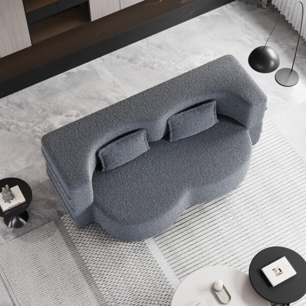 Oval Convertible Floor Sofa Bed, Teddy Cloud Sleeper Sofa Boucle Loveseat Couch Bed with 2 Pillows, 78" Full Size Folding Mattress, for Living Room, Guest Bed, Playroom, No Assembly Required, Gray - Image 2