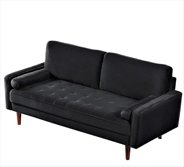 Velvet Tufted Sofas for Living Room, Classic Mid-Century Style with Modern Silhouette, Button Tufting and Wood Legs, Includes 2 Bolster Pillows, Couch, Black - Image 7