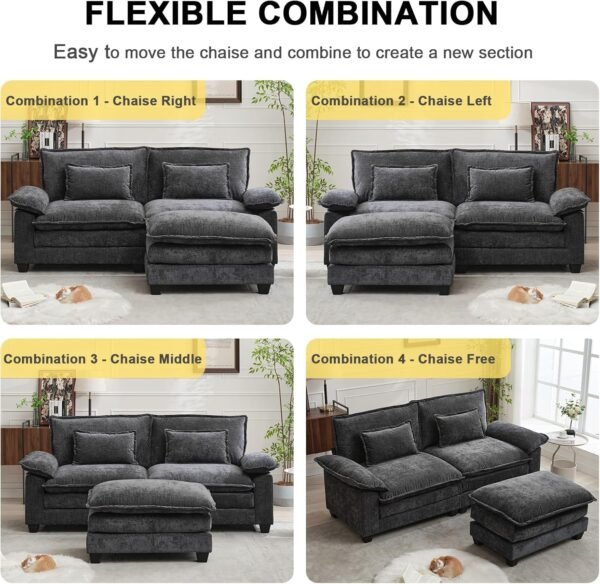88.9" Cloud Couch Sectional Couches for Living Room - Modular Chenille Sectional Sofa with Ottoman and Pillows - Modern Comfy Deep Seat Sleeper Sofa - Image 3