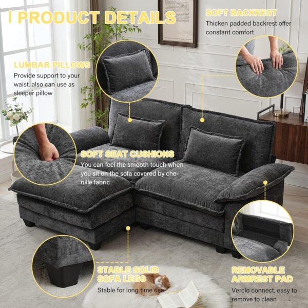88.9" Cloud Couch Sectional Couches for Living Room - Modular Chenille Sectional Sofa with Ottoman and Pillows - Modern Comfy Deep Seat Sleeper Sofa - Image 4