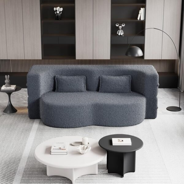 Oval Convertible Floor Sofa Bed, Teddy Cloud Sleeper Sofa Boucle Loveseat Couch Bed with 2 Pillows, 78" Full Size Folding Mattress, for Living Room, Guest Bed, Playroom, No Assembly Required, Gray - Image 6