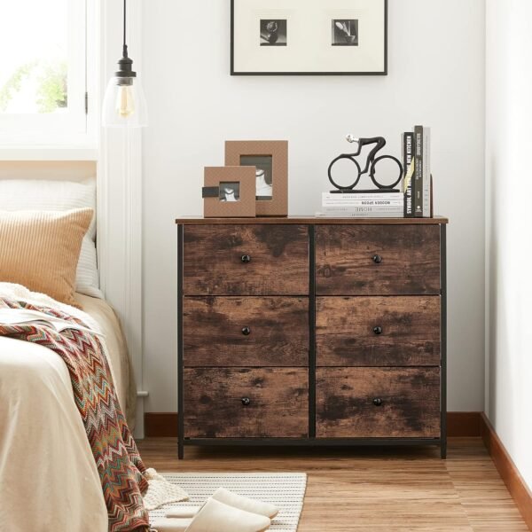 SONGMICS Dresser for Bedroom, Chest of Drawers, 6 Drawer Dresser, Closet Fabric Dresser with Metal Frame, Wooden Top and Front, Brown and Black ULGS23H - Image 4