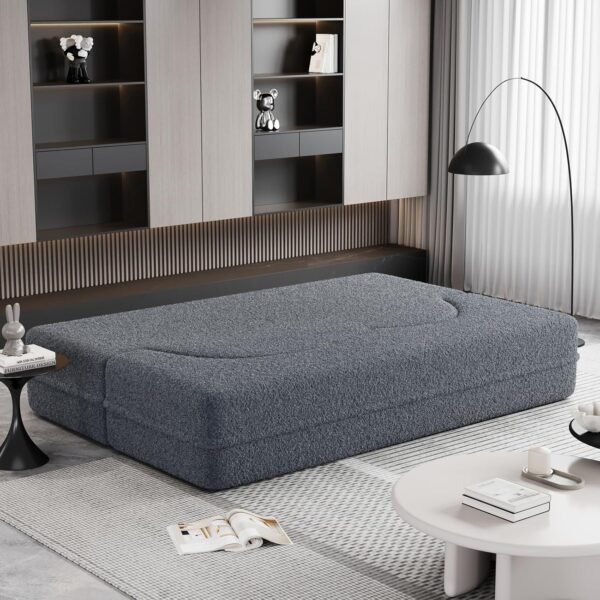 Oval Convertible Floor Sofa Bed, Teddy Cloud Sleeper Sofa Boucle Loveseat Couch Bed with 2 Pillows, 78" Full Size Folding Mattress, for Living Room, Guest Bed, Playroom, No Assembly Required, Gray - Image 8