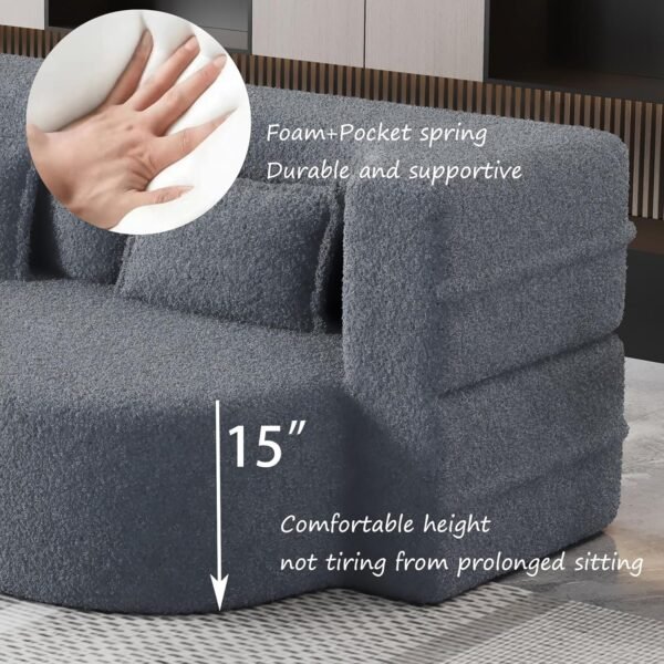 Oval Convertible Floor Sofa Bed, Teddy Cloud Sleeper Sofa Boucle Loveseat Couch Bed with 2 Pillows, 78" Full Size Folding Mattress, for Living Room, Guest Bed, Playroom, No Assembly Required, Gray - Image 5