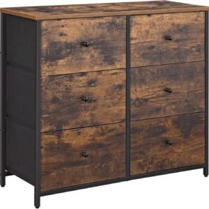SONGMICS Dresser for Bedroom, Chest of Drawers, 6 Drawer Dresser, Closet Fabric Dresser with Metal Frame, Wooden Top and Front, Brown and Black ULGS23H