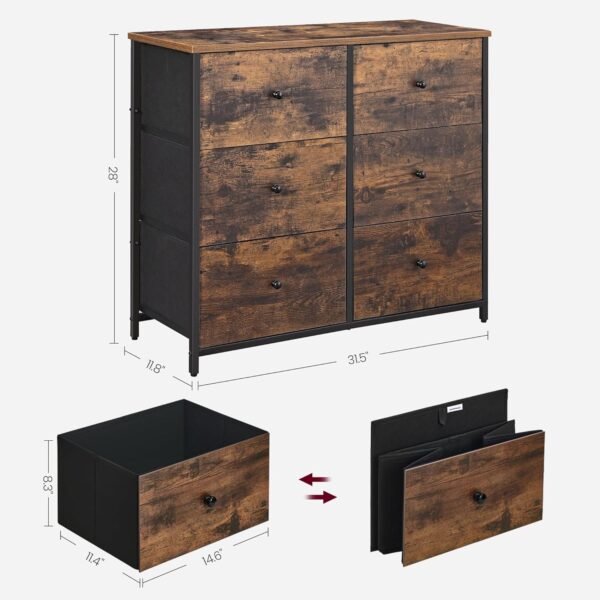 SONGMICS Dresser for Bedroom, Chest of Drawers, 6 Drawer Dresser, Closet Fabric Dresser with Metal Frame, Wooden Top and Front, Brown and Black ULGS23H - Image 3