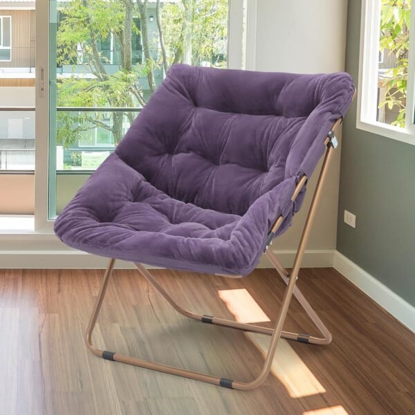 Athena Collection Saucer Chair for Adult, Square Comfy Cozy Chair Folding Chair Faux Fur Metal Frame Foldable Reading Chair Accent Chair for Bed Room Living Room, Purple - Image 2