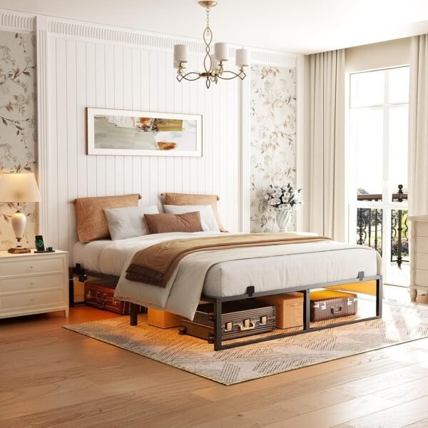 Homieasy Full Size Bed Frame with Charging Station and LED Lights, Metal Platform Bed Frame with Non-Slip Mattress Gaskets, No Box Spring Needed, Easy Assembly - Image 2