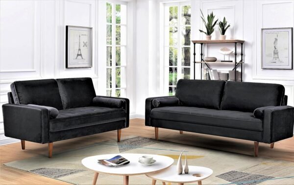 Velvet Tufted Sofas for Living Room, Classic Mid-Century Style with Modern Silhouette, Button Tufting and Wood Legs, Includes 2 Bolster Pillows, Couch, Black - Image 6