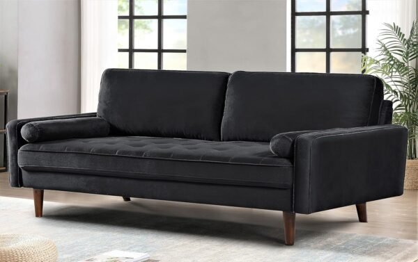 Velvet Tufted Sofas for Living Room, Classic Mid-Century Style with Modern Silhouette, Button Tufting and Wood Legs, Includes 2 Bolster Pillows, Couch, Black - Image 5