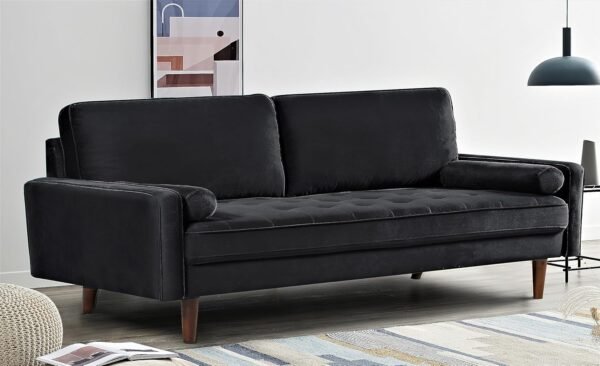 Velvet Tufted Sofas for Living Room, Classic Mid-Century Style with Modern Silhouette, Button Tufting and Wood Legs, Includes 2 Bolster Pillows, Couch, Black - Image 2