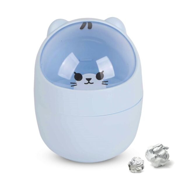 Cute Desktop Trash Can, Mini Countertop Trash Can Cartoon Cat Small Garbage Can Waste Paper Bin with Swing Lid for Bathroom, Kitchen, Bedroom, Powder Room, Craft Room, Office, College, RV (Blue)