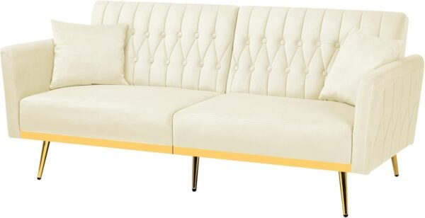 70” Velvet Futon Sofa Bed with 2 Pillows and Adjustable Armrests, Convertible Sleeper Bed W/Adjustable Backrests, Modern Loveseat for Living Room, Bedroom, Beige - Image 8