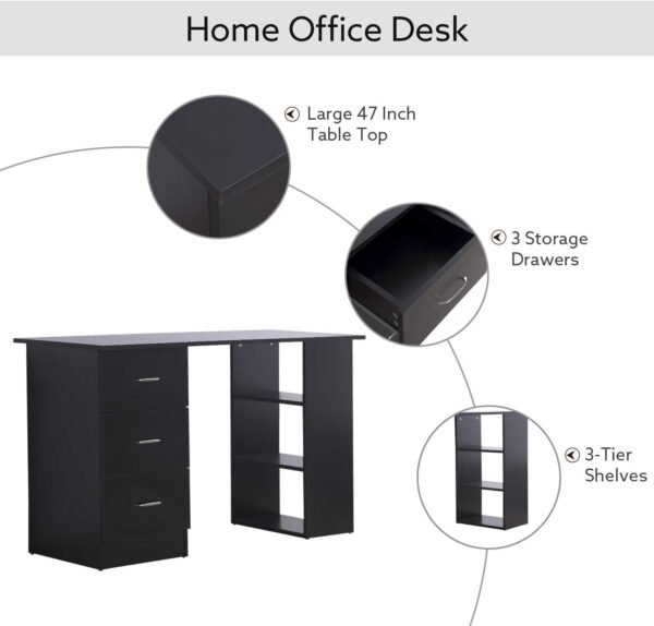 HOMCOM 47" Modern Home Office Computer Desk Bookcase Combo Writing Table Workstation with 3 Drawer and Storage Shelf - Black - Image 4