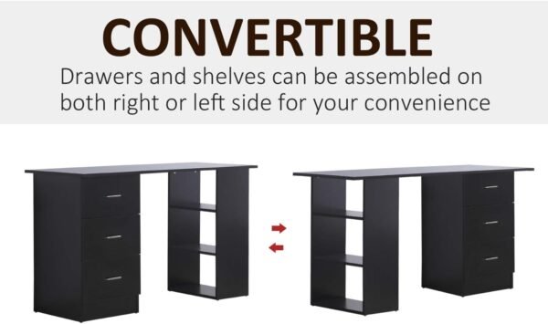 HOMCOM 47" Modern Home Office Computer Desk Bookcase Combo Writing Table Workstation with 3 Drawer and Storage Shelf - Black - Image 6