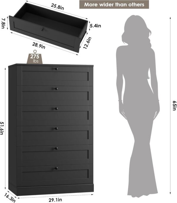 HOSTACK 6 Drawer Dresser for Bedroom, 52" Tall Dresser & Chest of Drawers, 29" W Wood Drawer Chest, Modern Vertical Storage Cabinet for Living Room, Entryway, Hallway, Black - Image 3