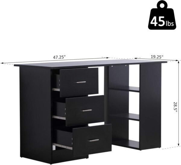 HOMCOM 47" Modern Home Office Computer Desk Bookcase Combo Writing Table Workstation with 3 Drawer and Storage Shelf - Black - Image 3