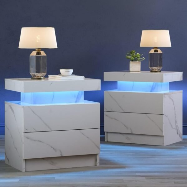Nightstand Set of 2 with LED Lights White LED Bedside Table with 2 Wood Drawers Modern Set 2 End Side Table for Bedroom