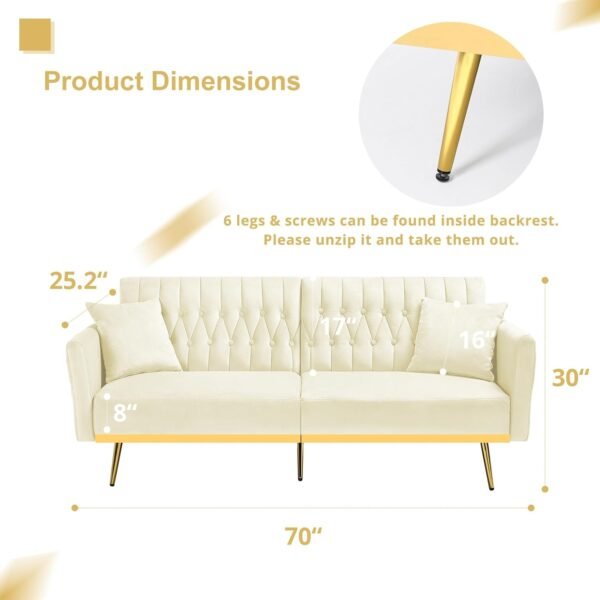 70” Velvet Futon Sofa Bed with 2 Pillows and Adjustable Armrests, Convertible Sleeper Bed W/Adjustable Backrests, Modern Loveseat for Living Room, Bedroom, Beige - Image 3