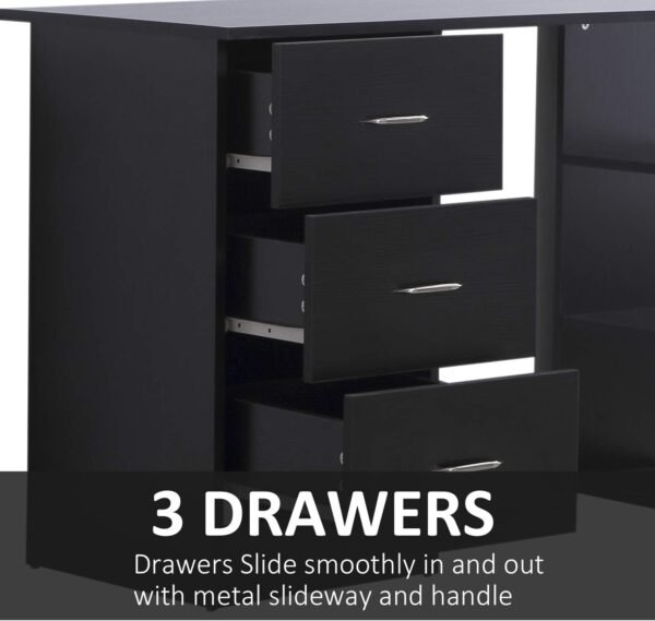 HOMCOM 47" Modern Home Office Computer Desk Bookcase Combo Writing Table Workstation with 3 Drawer and Storage Shelf - Black - Image 5