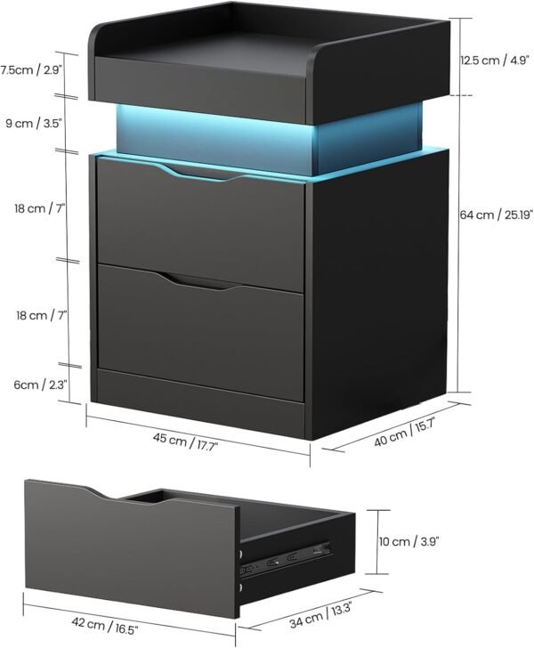 2pcs Nightstand with Charging Station and LED Lights, Night Stand with Sliding Top, Modern End Side Table with 2 Drawers, Bedside Table for Bedroom, Living Room, Office - Image 2