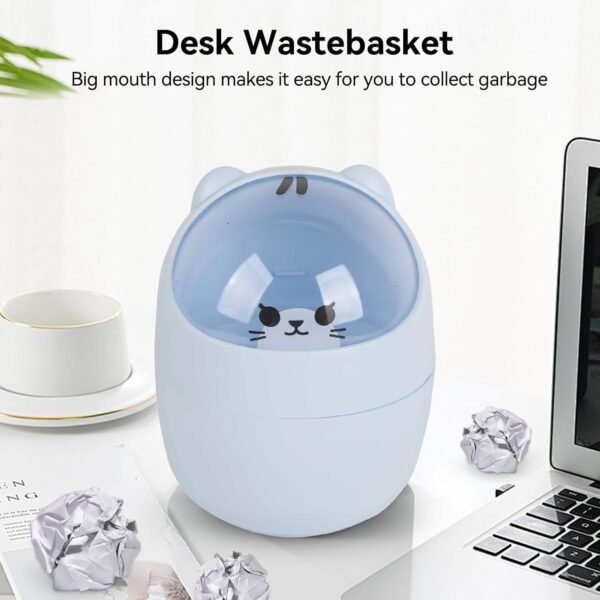 Cute Desktop Trash Can, Mini Countertop Trash Can Cartoon Cat Small Garbage Can Waste Paper Bin with Swing Lid for Bathroom, Kitchen, Bedroom, Powder Room, Craft Room, Office, College, RV (Blue) - Image 4