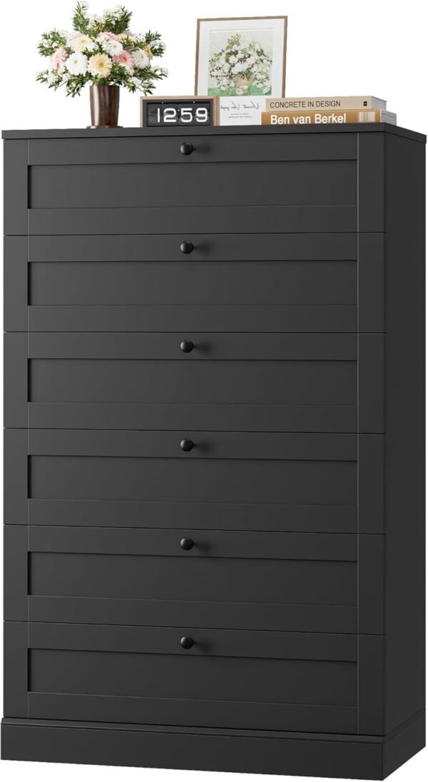 HOSTACK 6 Drawer Dresser for Bedroom, 52" Tall Dresser & Chest of Drawers, 29" W Wood Drawer Chest, Modern Vertical Storage Cabinet for Living Room, Entryway, Hallway, Black