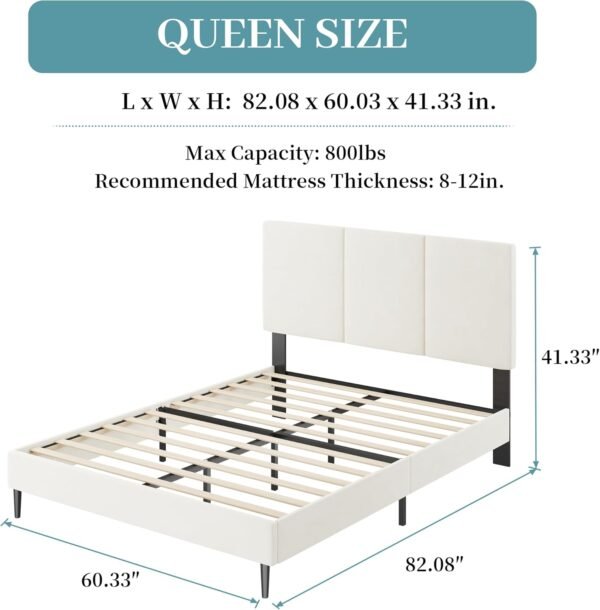 Queen Bed Frame with Headboard, Vertical Channel Tufted, Heavy Duty Bed Frame Queen Size, No Box Spring Needed, Easy Assembly,Beige - Image 2