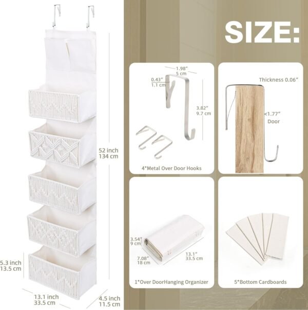 ANTIS'S HOME Over the Door Organizer Macrame Boho Nursery Storage with 5 Large Woven Pockets, Hanging Closet Basket for Bathroom or Nursery, Behind the Door Storage Organizer - Image 6