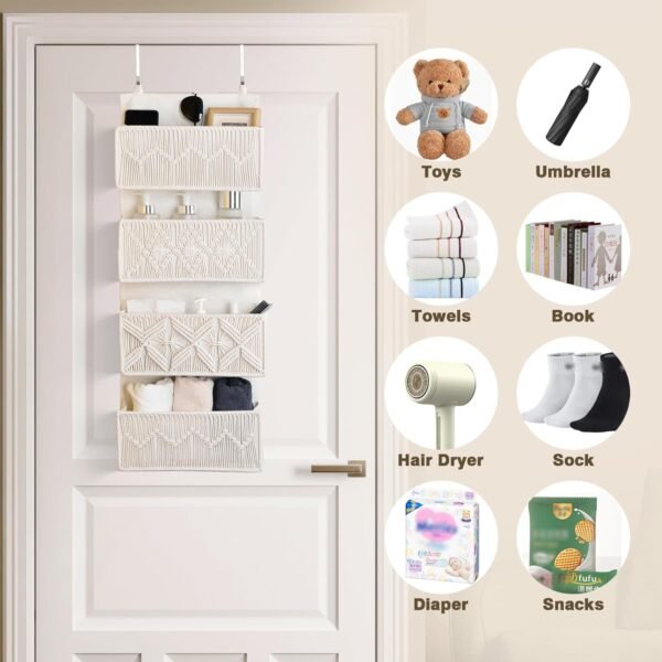 Nursery Over The Door Organizer Boho Decor Nursery Storage with 4 Large Woven Pockets, Macrame Nursery Organizers and Toys Storage, Behind Door for Bathroom, Bedroom - Image 6