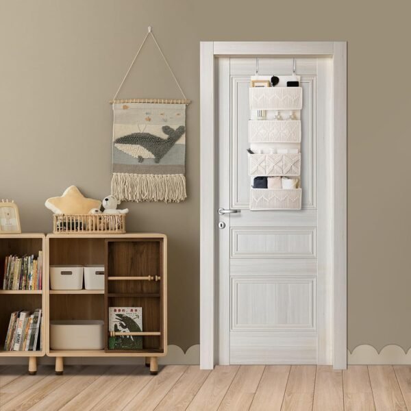 Nursery Over The Door Organizer Boho Decor Nursery Storage with 4 Large Woven Pockets, Macrame Nursery Organizers and Toys Storage, Behind Door for Bathroom, Bedroom - Image 7