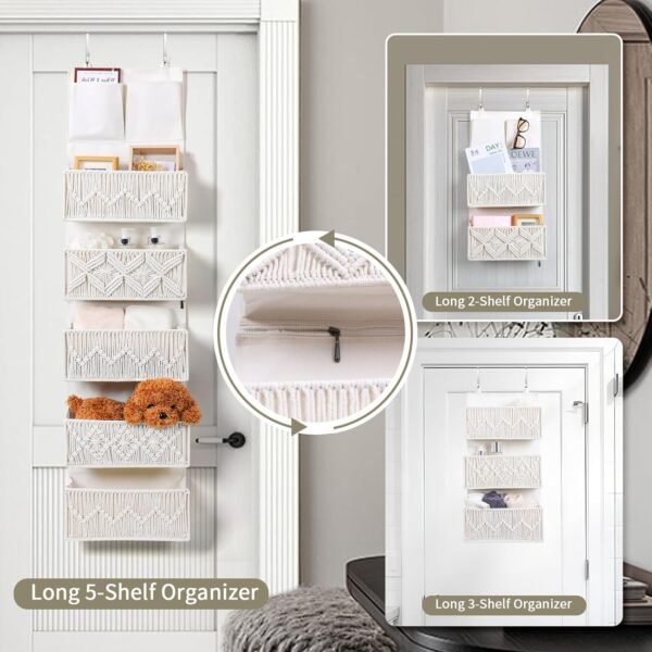 ANTIS'S HOME Over the Door Organizer Macrame Boho Nursery Storage with 5 Large Woven Pockets, Hanging Closet Basket for Bathroom or Nursery, Behind the Door Storage Organizer - Image 2