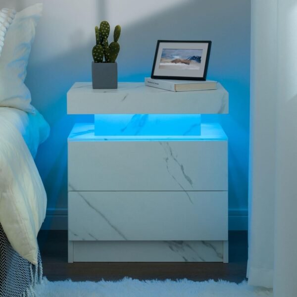 Nightstand Set of 2 with LED Lights White LED Bedside Table with 2 Wood Drawers Modern Set 2 End Side Table for Bedroom - Image 4