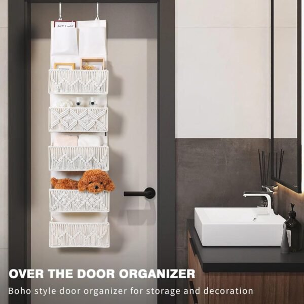 ANTIS'S HOME Over the Door Organizer Macrame Boho Nursery Storage with 5 Large Woven Pockets, Hanging Closet Basket for Bathroom or Nursery, Behind the Door Storage Organizer - Image 9