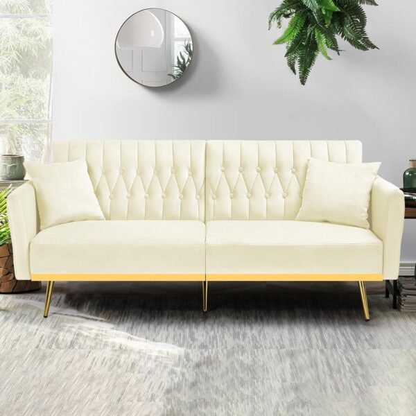 70” Velvet Futon Sofa Bed with 2 Pillows and Adjustable Armrests, Convertible Sleeper Bed W/Adjustable Backrests, Modern Loveseat for Living Room, Bedroom, Beige - Image 7
