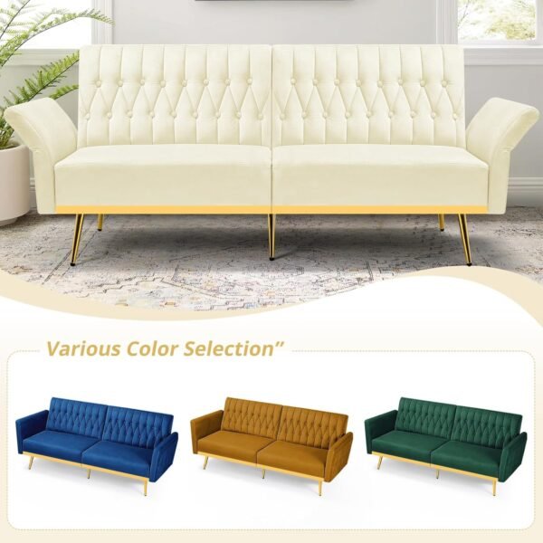 70” Velvet Futon Sofa Bed with 2 Pillows and Adjustable Armrests, Convertible Sleeper Bed W/Adjustable Backrests, Modern Loveseat for Living Room, Bedroom, Beige - Image 6