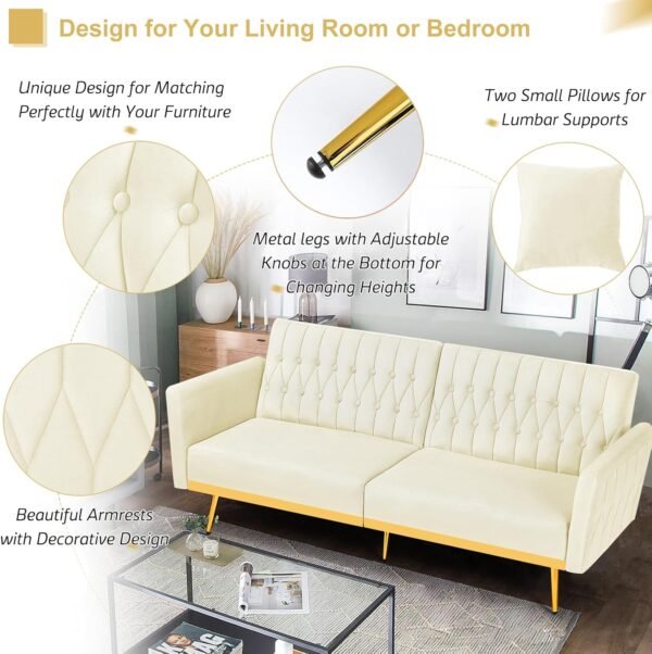 70” Velvet Futon Sofa Bed with 2 Pillows and Adjustable Armrests, Convertible Sleeper Bed W/Adjustable Backrests, Modern Loveseat for Living Room, Bedroom, Beige - Image 5