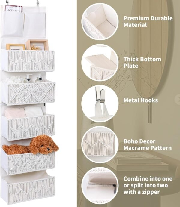 ANTIS'S HOME Over the Door Organizer Macrame Boho Nursery Storage with 5 Large Woven Pockets, Hanging Closet Basket for Bathroom or Nursery, Behind the Door Storage Organizer - Image 4